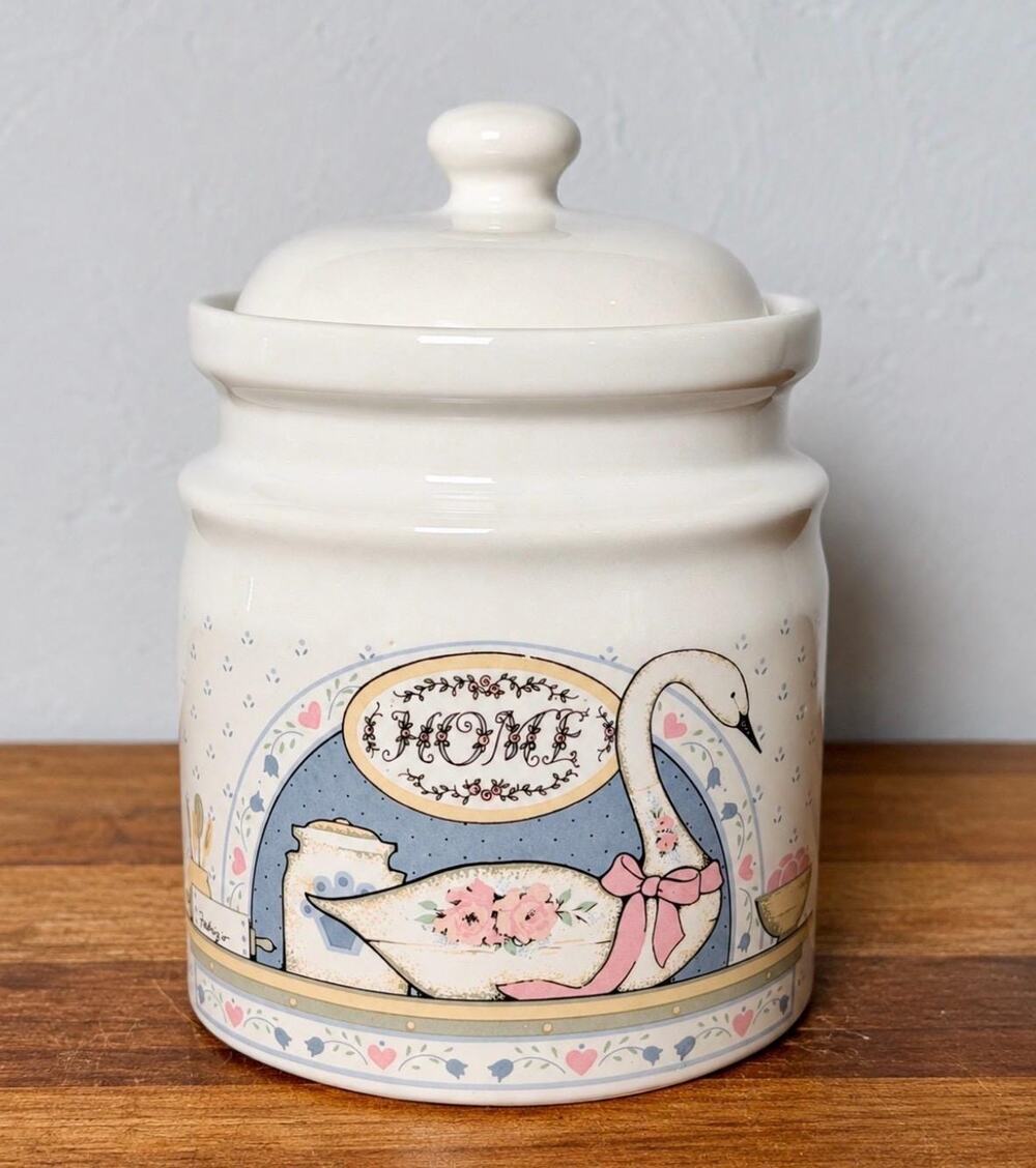 Vintage 1980s Upland Silver & Cutlery Swan Canister HOME Ceramic Cottagecore